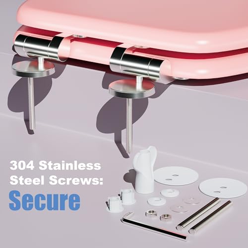 Elongated Slow Close Wood Toilet Seat, Pink Wooden Toilet Seat with Baked Enamel Finish Support 400 lbs, Oval Toilet Lid with Soft Close Chrome Hinges and Grip-Tight Bumpers, Easy to Clean and Install - color: Pink, size: Elongated Slow Close