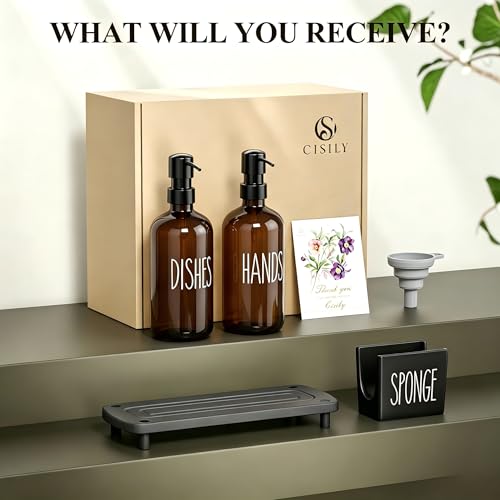 Cisily Amber Kitchen Soap Dispenser Set with Ceramics Sponge Holder | Black Metal Pump Head, Quick-Drying Soil Plate - color: Brown Bottle+black Pump + Black Sponge Holder