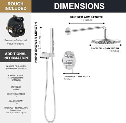 Lava Odoro Modern Rain Shower System Faucet Set, SF104-C | 2-Setting Round Shower Valve Trim Kit, Chrome Shower Head Set with Sprayer, 10 Inch, Rough-in Valve Included - color: Chrome, style: Without Tub Spout