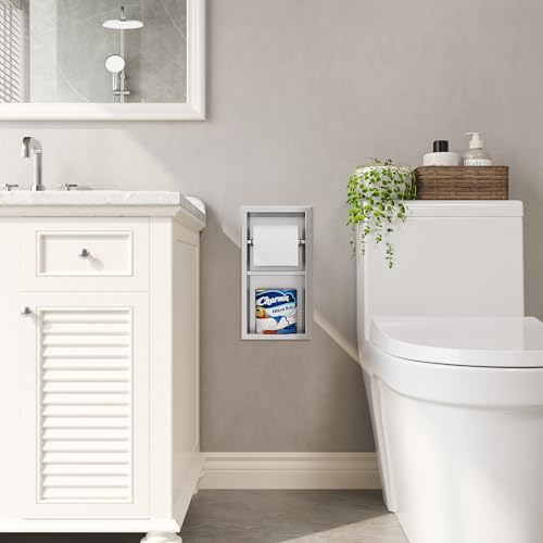 Qeke Recessed Toilet Paper Holder, Dual Rolls Tissue Toilet Holder, Brushed | 304 Stainless Steel, Rustproof & Durable, Space-saving, in Wall Tissue Holder for Bathroom & RV - color: Brushed Nickel