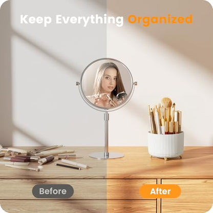 A-LuGei 【Elegant White】 5.9" Makeup Brush Holder Organizer, 【360° Rotating】 6 Slot Makeup Organizer Countertop, 【Minimalist Chic】 Vanity Organzier, Pen Holder for Desk Office Bathroom Desktop