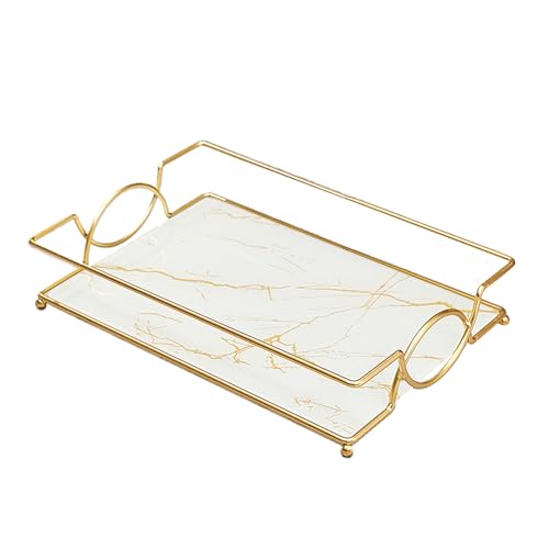 Large Bathroom Vanity Tray White Gold Glass Counter Organizer | 12.6” Glass Handled Tray with Metal Frame, for Perfume, Skincare, Kitchen Counter, Coffee Bar, Entryway & Vanity - color: White Gold-large