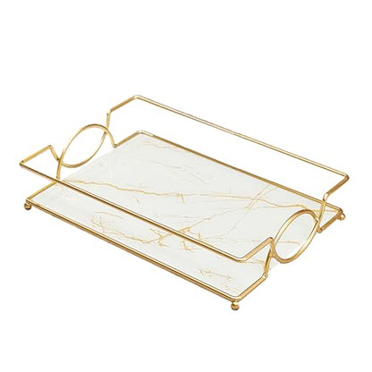 Large Bathroom Vanity Tray White Gold Glass Counter Organizer | 12.6” Glass Handled Tray with Metal Frame, for Perfume, Skincare, Kitchen Counter, Coffee Bar, Entryway & Vanity - color: White Gold-large