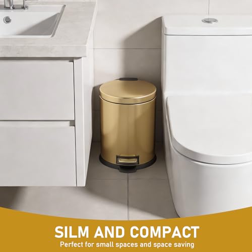 SIMPLYKLEEN Bathroom Trash Can with Lid - 2PC 1.3 Gallon/ 5L Oval Small Trash Can with Soft-Close Lid, Foot Pedal, Brushed Stainless Steel, Removable Liner, Garbage can for Kitchen, Office, Home Gold - color: Gold, size: 5L Oval 2PC