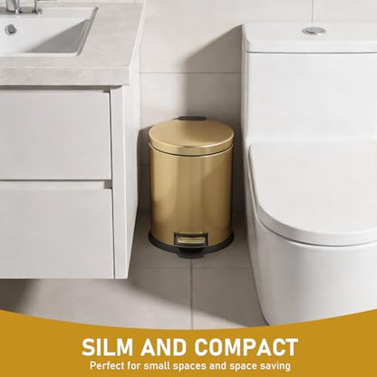 SIMPLYKLEEN Bathroom Trash Can with Lid - 2PC 1.3 Gallon/ 5L Oval Small Trash Can with Soft-Close Lid, Foot Pedal, Brushed Stainless Steel, Removable Liner, Garbage can for Kitchen, Office, Home Gold - color: Gold, size: 5L Oval 2PC