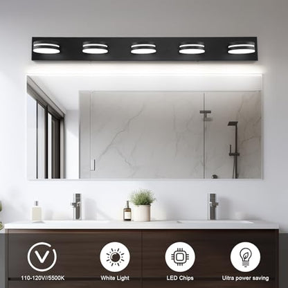 5-Light Bathroom Vanity Light, Modern LED Bathroom Light Fixture Over Mirror, Matte Black Bath Wall Lighting, Dimmable 5500K Vanity Lighting Fixture with 360°Rotable Head - color: Matte Black-Dimmable