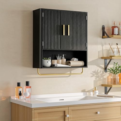 Bathroom Wall Cabinet, Medicine Cabinet with Fluted Door & Adjustable Shelf | Over The Toilet Storage Cabinet with Towel Bar, Space-Saving Cabinet Wall Mount for Laundry Room, Kitchen, Living Room - color: Black