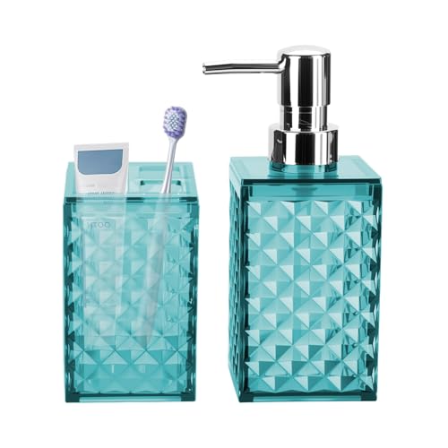 Teal Blue Bathroom Accessories Set, Soap Dispenser and Toothbrush Holder | Diamond Pattern Bathroom Set for Boho Bathroom Decor - color: Teal Blue