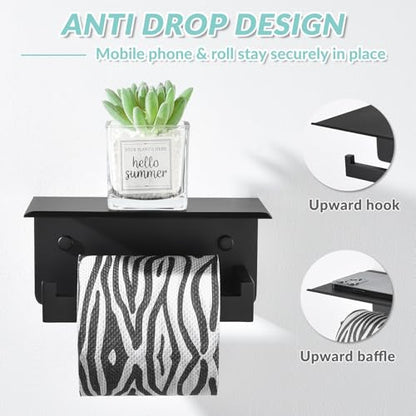Matte Black Toilet Paper Holder with Shelf, Left Side, Wall Mounted | Robust 304 Stainless Steel, Modern Tissue Holder Fits for Bathroom, Restroom, Vanity, Kitchen, Paper Roll & Phone Storage - color: Matte Black