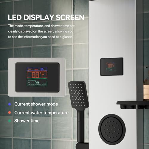 5 in 1 Brushed Nickel Rainfall Shower Panel Tower System With Storage Shelf | Stainless Steel Shower Tower with Rainfall Shower Handheld and Tub Spout Powerful Body Jets Shower Panel Set by BATHLAVISH - color: Brushed Nickel
