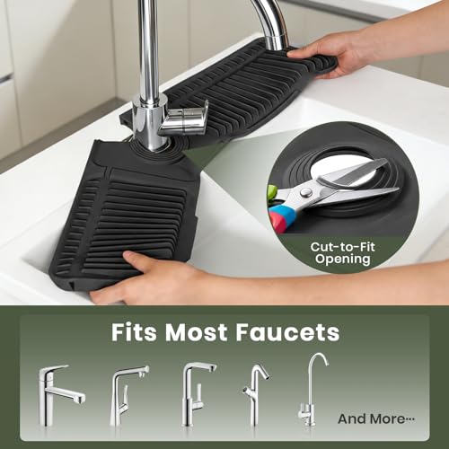 24 Inch Faucet Mat for Kitchen Sink, Silicone Splash Guard for Kitchen Sink Area, 7° Slope Fast Self-Draining Sink Mat, Cuttable Hole Design, Sink Backsplash Guard Draining Mat, Black - color: Black