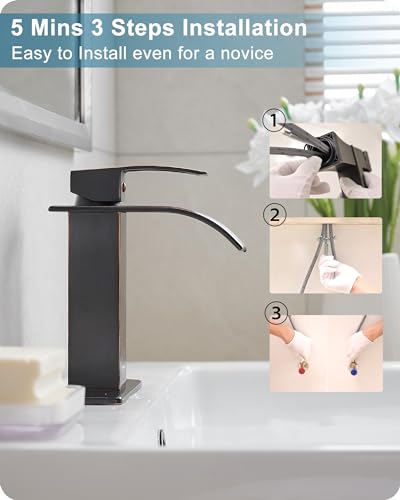 Waterfall Bathroom Faucet Oil Rubbed Bronze, Brass 4 Ins Bathroom Faucets One Hole or 3 Hole, Single Handle with Deck Plate, Pop-up Drain & Water Hose - color: Oil Rubbed Bronze - Farmhouse