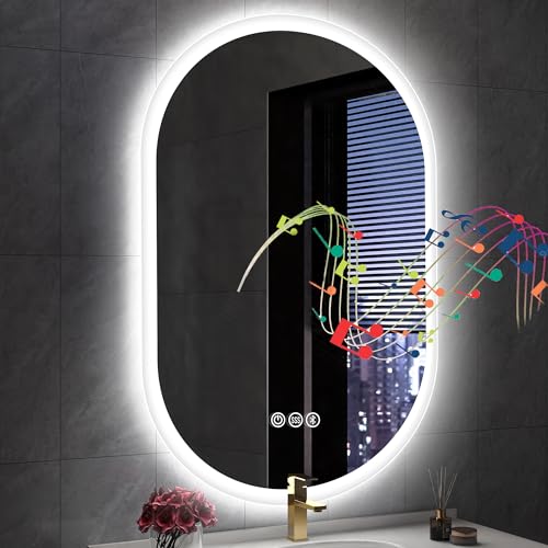S'bagno 24x36 Oval LED Bathroom Mirror with Lights, Anti-Fog, Bluetooth Speaker, 3 Colors Temperature & Dimmable, Lighted Mirrors for Bathroom Wall with Memory Function, Waterproof, Shatter-Proof - color: Silver-1 Pack, size: 36"L x 24"W