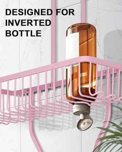 Pink Shower Caddy for Bathroom - Never Rust Hanging Shower Organizer with Soap Basket and Hooks - Large Capacity 3 Tier Aluminum Over The Showerhead Caddy - color: Pink