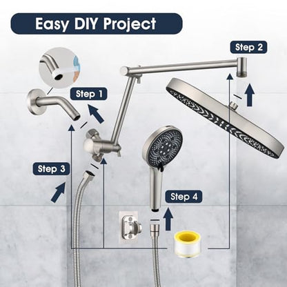 PDPBath 14 Inch Rain Shower Head with 5+1 Settings Handheld Spray Combo, High Pressure Rainfall Shower Head with 16'' Adjustable Extension Arm, 79" Extra Long Hose, 3-Way Diverter, Brushed Nickel - color: Brushed Nickel