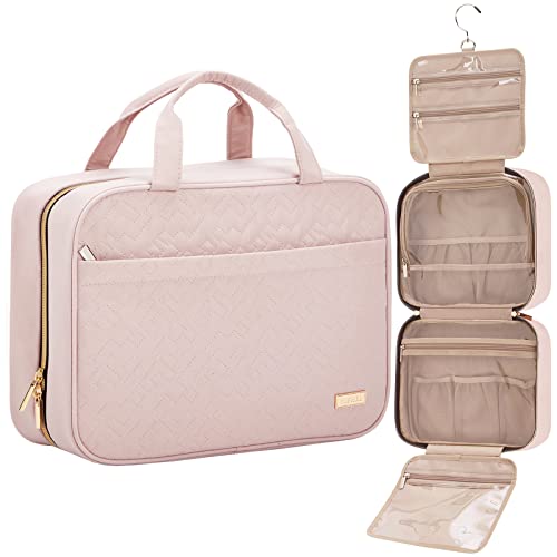 NISHEL Travel Toiletry Bag for women, Portable Hanging makeup Organizer | for Travel-Sized Shampoo, Conditioner, Brushes Set, makeup Accessories, Large Size, Pink - color: Pink, size: Large