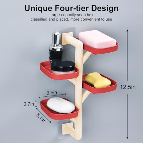 Soap Holder Four Layer Wall Mounted NO-Drilling Rotatable Self-draining Removable Soap Dish for Shower Bathroom Tray,Self Draining Sponge Holder,Razor Holder (Red/Ecru) - color: Red/Ecru