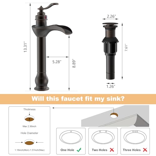 BWE Vessel Sink Faucet Oil Rubbed Bronze Tall Waterfall Bathroom Faucet | Bathroom Vanity Faucet with Pop Up Drain Assembly and Supply Hose Single Handle 1 Hole Lavatory Mixer Tap Tall Body - color: Oil Rubbed Bronze