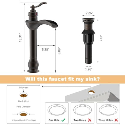 BWE Vessel Sink Faucet Oil Rubbed Bronze Tall Waterfall Bathroom Faucet | Bathroom Vanity Faucet with Pop Up Drain Assembly and Supply Hose Single Handle 1 Hole Lavatory Mixer Tap Tall Body - color: Oil Rubbed Bronze