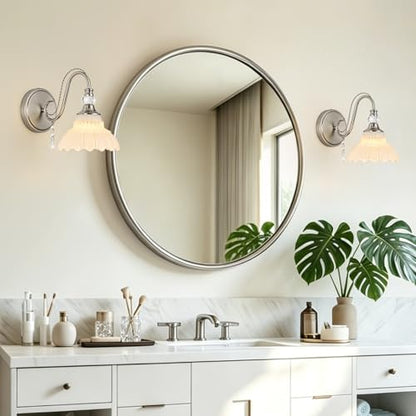 1 Piece Brushed Nickel Finish Wall Sconce, 1-Light Modern Wall Sconce with Hanging Crystal Accents and Flower-Shaped White Shades for Bathroom Bedroom Living Room,Modern Vanity Light - color: Nickel and White, size: 1-Light