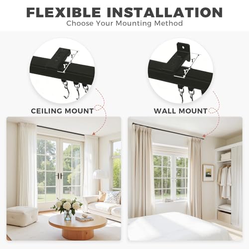 ChadMade Aluminum Ceiling Curtain Track Set with Hooks, 9ft - 12ft Adjustable Length Ceiling/Wall Mount Curtain Rail System For Grommet/Pleated Drape, RV Ceiling Track, Black - color: Black, size: 9ft-12ft