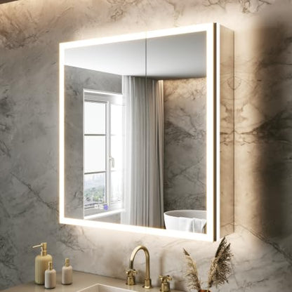 30x32 Lighted Medicine Cabinet, Separate Front & Back Lights | Surface/Recessed LED Medicine Cabinet for Bathroom with Side Mirrors, Dimmable Light, Anti-Fog, Memory,Silver Aluminum Frame - size: 30" x 32"