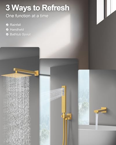 10" Shower Faucet Set with Tub Spount, High Pressure Rainfall Shower Head and Handheld Sprayer Combo, Bathroom Tub Shower Faucet Set, Brushed Gold - color: Brushed Gold