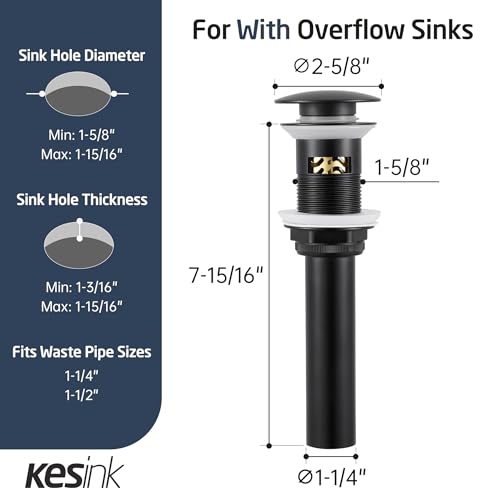 Black Bathroom Sink Drain with Anti - Clog Basket Drain, Pop Up Drain for Bathroom Sink with Hair Catcher, All Metal Vessel Sink Stopper with Overflow Matt Black, S20002A-BK - color: Matte Black