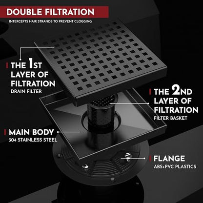 6 Inch Square Shower Drain Black Floor Drain with Flange Square Holes Pattern Cover Grate Removable SUS304 Stainless Steel Watermark&CUPC Certified Matte Black - color: Matte Black, size: 6 Inch