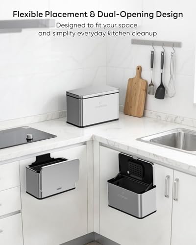 Kitchen Mini Compost Bin, 4L/1G Small Trash Can with Lid, Slim Stainless Steel Hanging Garbage Bin for Kitchen, Bathroom, Bedroom, Office, Wall Mounted Compost Bin with Inner Bucket, Silver - size: 4L-Silver