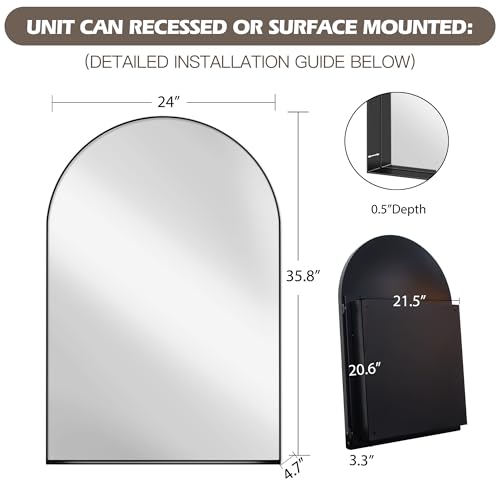 Arched Medicine Cabinet, Recessed Medicine Cabinet Surface Mount Medicine Cabinet with Mirror and Adjustable Shelves Medicine Cabinet Wall Mounted Bathroom Mirror Cabinet, 24x36 Inch (Black) - color: Black