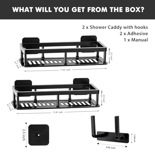 Corner Shower Caddy, 2 Pack No Drill Adhesive Shower Storage Shelves, Wall Mounted Bathroom Organizer Shelf with 2 Removable Hooks for Bathroom Kitchen