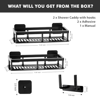 Corner Shower Caddy, 2 Pack No Drill Adhesive Shower Storage Shelves, Wall Mounted Bathroom Organizer Shelf with 2 Removable Hooks for Bathroom Kitchen