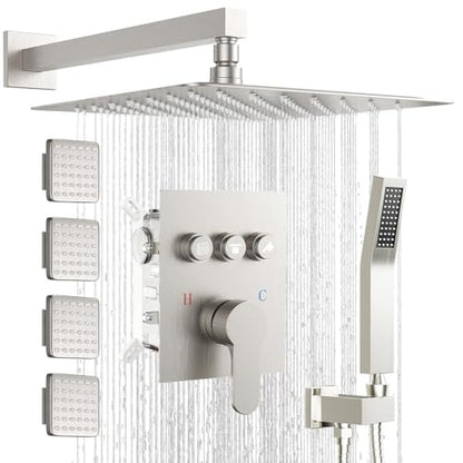 Shower System with Body Jets, Bostingner Shower Faucet Set 12" Rain Shower Head with Handheld Spray, Can Use at Same Time, 3 Way Push Button Diverter Shower Set Complete, Brushed Nickel - color: Brushed Nickel, size: 12 Inch