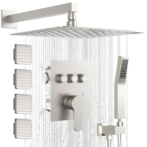 Shower System with Body Jets, Bostingner Shower Faucet Set 12" Rain Shower Head with Handheld Spray, Can Use at Same Time, 3 Way Push Button Diverter Shower Set Complete, Brushed Nickel - color: Brushed Nickel, size: 12 Inch