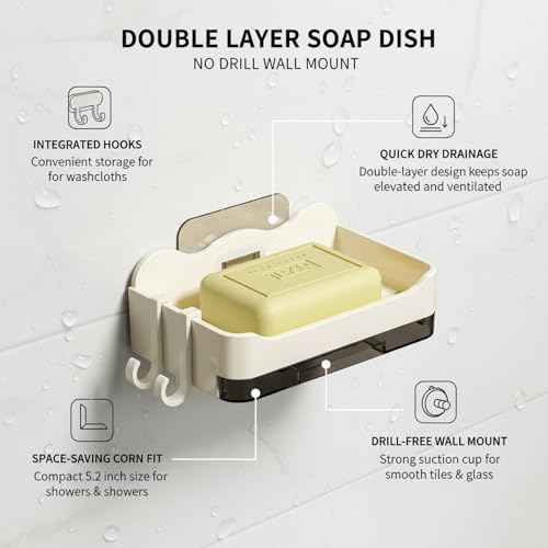Double Layer Soap Dish with Suction Cup, No Drill Wall Mount Holder for Shower and Sink, PP Plastic Drainage Tray (1 PC) - color: White