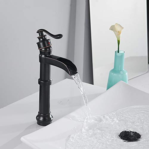 Oil Rubbed Bronze Vessel Sink Faucet Single Hole Bathroom Faucet Waterfall | Farmhouse Single-Handle,Deck Mount,Bowl Tall Body,with Supply Hose,Fits Non-Overflow Sinks,Hot/Cold Mixer - color: Oil Rubbed Bronze