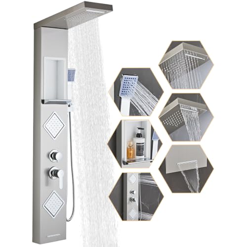 Shower Panel Tower System with Storage- Brushed Gray | 304 Stainless Steel 5-Function Shower Panel Faucet Set with Powerful Body Jets, Rainfall, Waterfall,Handheld and Tub Spout - color: Brushed Gray