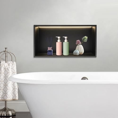 LED Light Shower Niche, Wall Niche, 25" x 13" Stainless Steel Bathroom Cabinet with 4000K Warm White Light, IP66 Waterproof Recessed Shampoo Storage in Wall, Black - color: Black