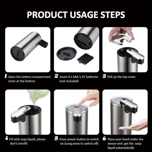 Automatic Soap Dispenser, Automatic Liquid Soap Dispenser Touchless, 12oz/340ml, 3-Level Adjustable, Battery Operated, Water-Resistant for Bathroom, Kitchen and School, Clog-Free, Stainless Steel - color: Chromed & Stainless Steel
