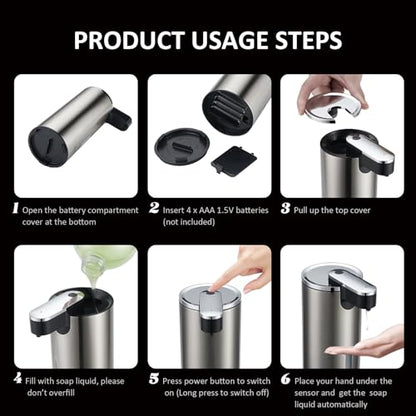 Automatic Soap Dispenser, Automatic Liquid Soap Dispenser Touchless, 12oz/340ml, 3-Level Adjustable, Battery Operated, Water-Resistant for Bathroom, Kitchen and School, Clog-Free, Stainless Steel - color: Chromed & Stainless Steel