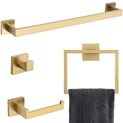 Brushed Gold Bathroom Towel Bar Sets Premium Stainless Steel 4-Piece Bathroom Hardware Set Wall Mounted Square Bathroom Accessories Kit - color: Brushed Dark Gold, size: 4-Pieces Set-A