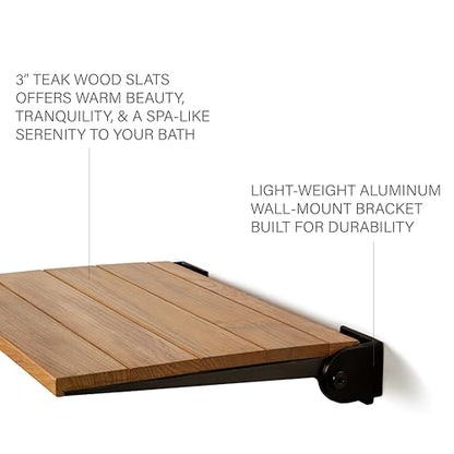 Seachrome 18 inch Silhouette Slimline Folding Wall Mount Shower Bench Seat, Natural Teak Wood with Matte Black Frame - color: Teak Wood With Matte Black Frame