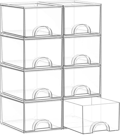 8 Pack Small Clear Stackable Acrylic Storage Boxes & Drawers | Storage Organizer, Clear Plastic Makeup Organizer, Ideal for Vanity, Cabinet, Desk Organization, Art Tool & Sketch