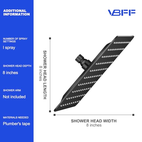 VBFF-Shower Head,rain shower head, 8 inch- Square Shower Head, 1.8 GPM Flow Rate, rainfall showerhead,VBFF07 (Matte Black) - color: Matte Black, size: 8 Inch