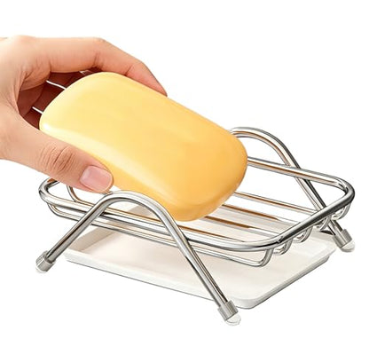 Stainless Steel Soap Dish, Self Draining Soap Holder with Removable Drain Tray, Countertop Metal Soap Saver for Bathroom Kitchen Sink
