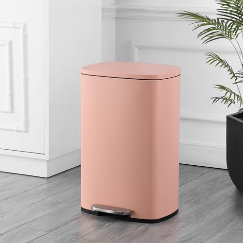 happimess Connor 2-Piece Iron Trash Can, Flamingo Pink | 13.2 And 1.3 Gallons, Rectangular, Soft-Close Lid, Step Pedal, 20 Liners, 26" And 12" Height - color: Flamingo Pink