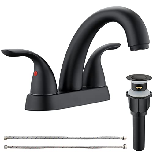 J-HVA 2 Handle 4 Inch Bathroom Sink Faucet with Pop up Drain, Matte Black | 4 Inch Centerset Faucet for Lavatory Bathroom Sink, Professional Modern Vessel Deck Mount Vanity rv Faucet with Supply Lines - color: Matte Black