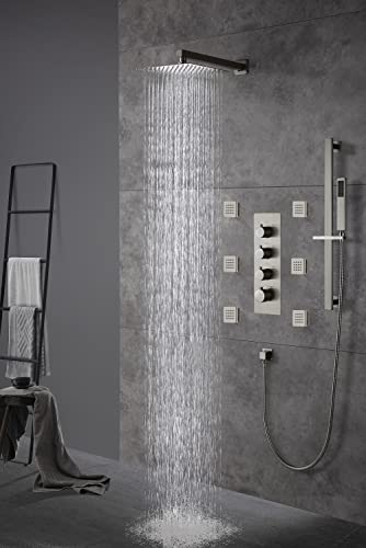 Cascada Luxury 12” Rainfall Shower set (Wall Mounted) with 4 knob thermostatic Valves & 3 functions (Rainfall, Body jets & Hand Shower) (Antique Brass) - color: Antique Brass