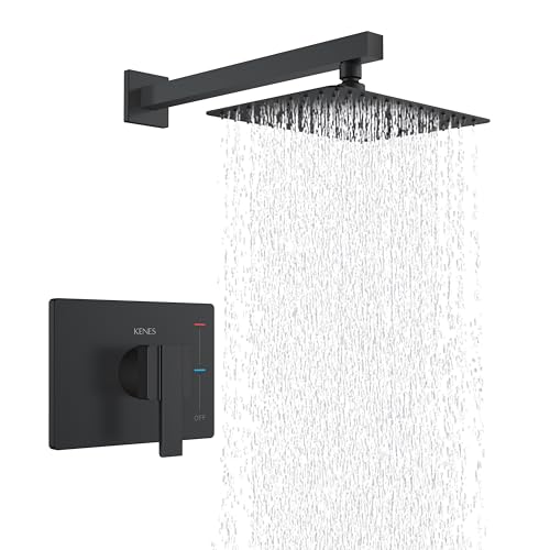 KENES Matte Black Shower Faucet with 10-Inch Shower Head and Handle Set, Square Shower Faucet Set Bathroom Rainfall Shower System Wall Mount, KE-6024B-2 (Shower Valve Included) - color: Matte Black, style: Shower Faucet Set